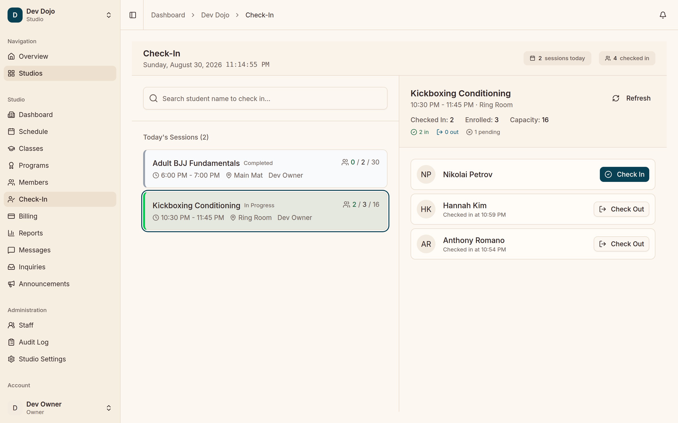 Catomni check-in: today's sessions with live checked-in counts and an in-progress class
