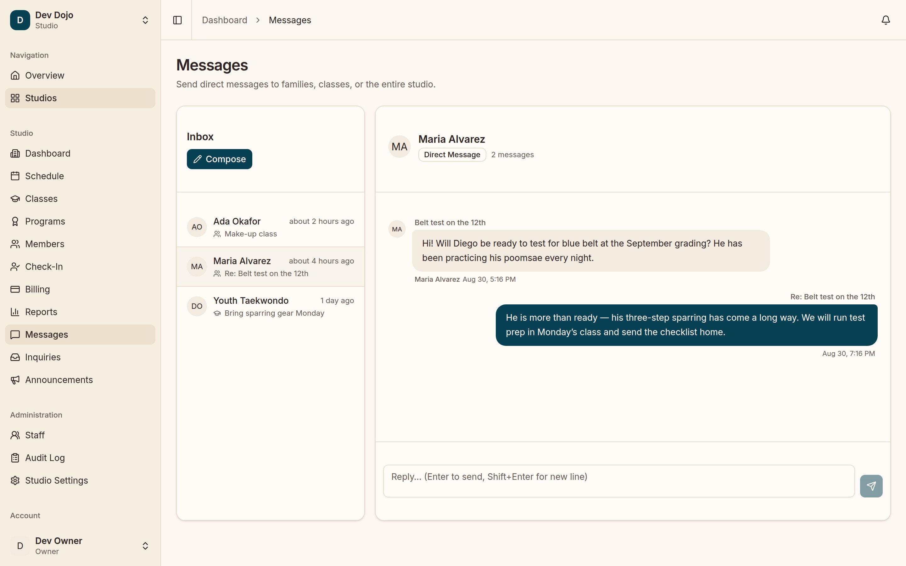 Catomni messages: an inbox with a parent conversation about an upcoming belt test