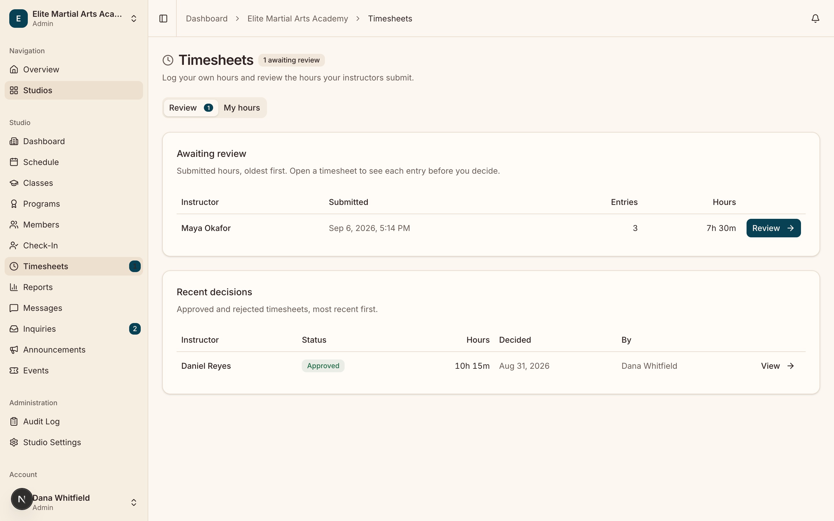 The Timesheets Review tab: one instructor’s submitted sheet awaiting review with its 7h 30m total and a Review button, and an approved sheet under Recent decisions